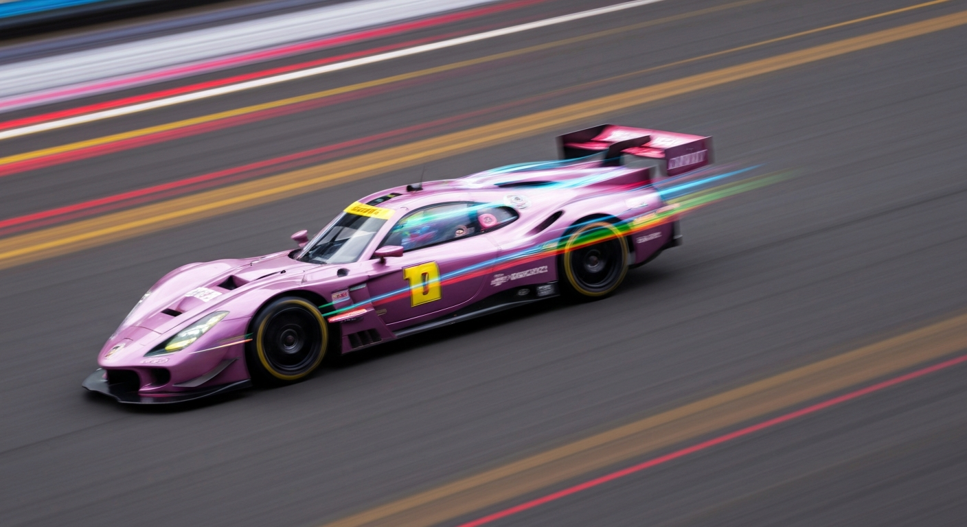 An abstract, blurred image of a race car in motion, conveying the speed and energy of motorsports through vibrant streaks of color.