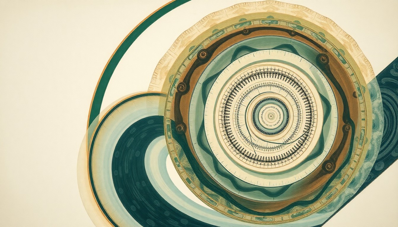 A highly structured abstract painting in muted earthy tones, featuring sweeping geometric arcs, concentric circles, and precise botanical spirals, conceptually representing the complex relationships between ancient marine creatures like nautiluses and octopuses.