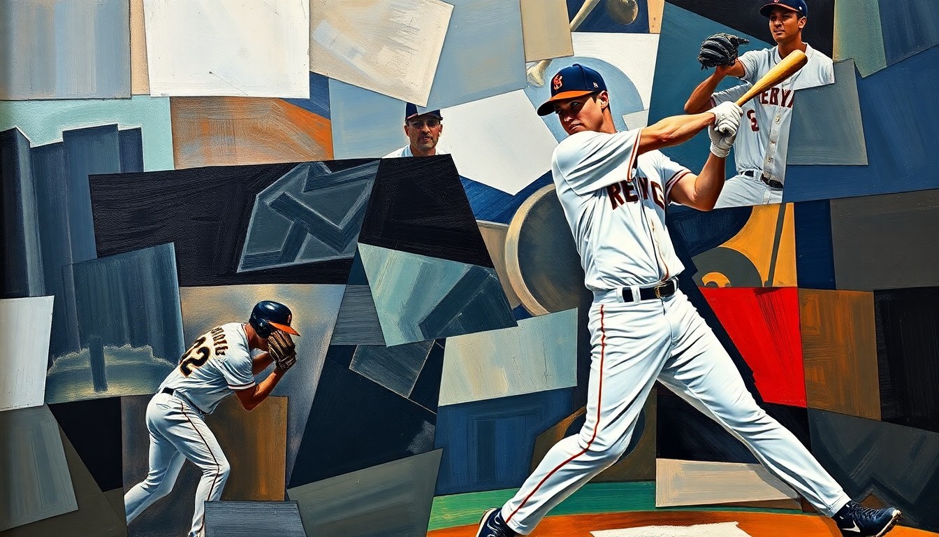 A cubist-style painting depicting a baseball player's motion broken down into sharp, geometric shapes and planes, conceptually representing the rise of a new generation of stars in the sport.