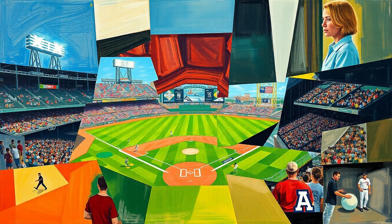 A cubist, geometric painting depicting a baseball game or match, with players and the field broken down into sharp, overlapping shapes and planes of color.