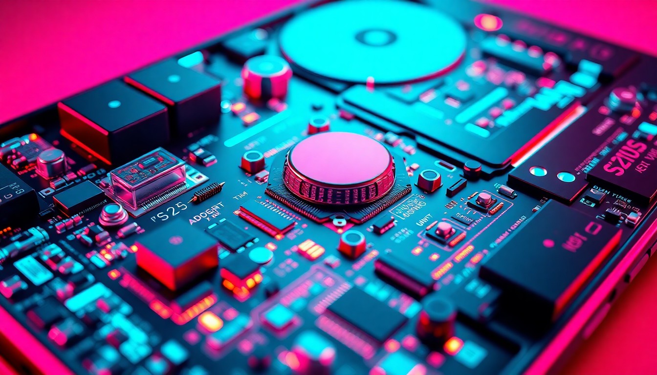 A highly detailed, glowing 3D macro illustration of the internal components and circuitry of a smartphone, with recognizable tech elements illuminated by neon lights, conceptually representing the sophisticated engineering behind the vivo X300 Ultra's camera capabilities.