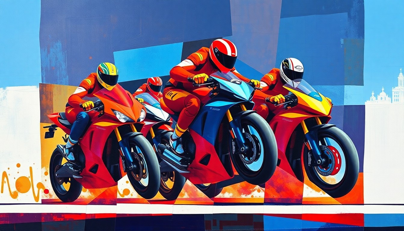 A cubist, geometric painting depicting a motorcycle race, with sharp, overlapping planes of color representing the dynamic motion and energy of the sport.