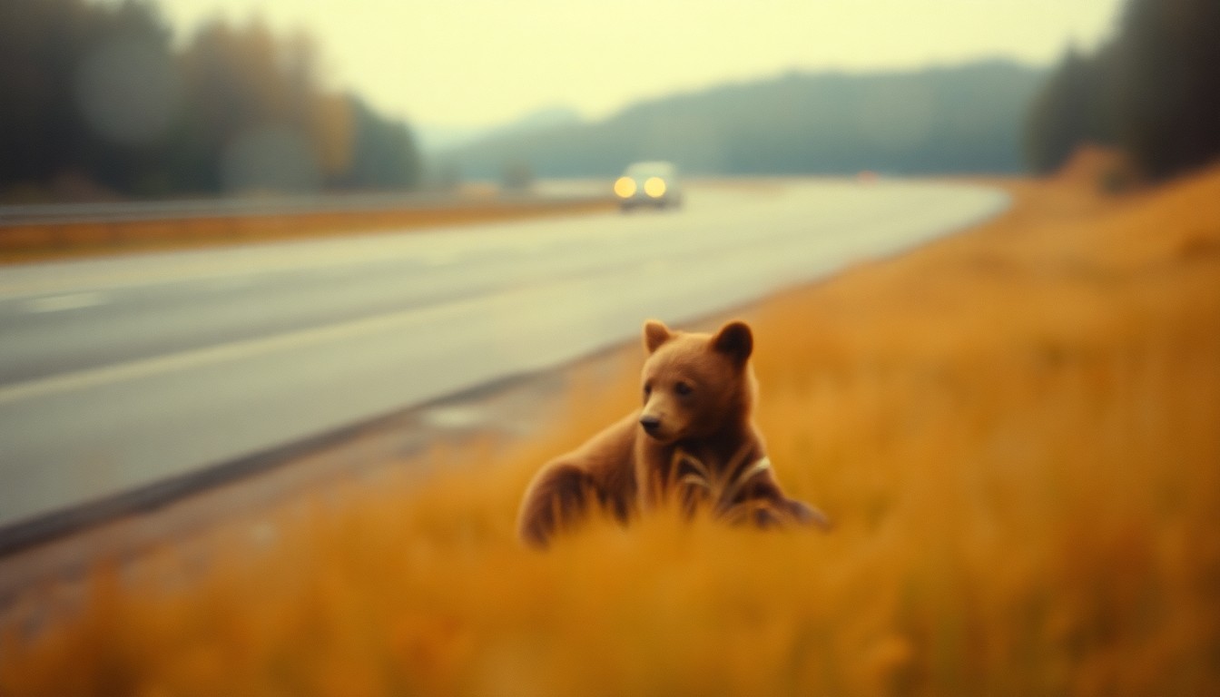An impressionistic, out-of-focus photograph in warm tones depicting the blurred outline of a bear cub resting in a grassy ditch beside a highway, conveying the vulnerable yet resilient presence of wildlife in an urban landscape.