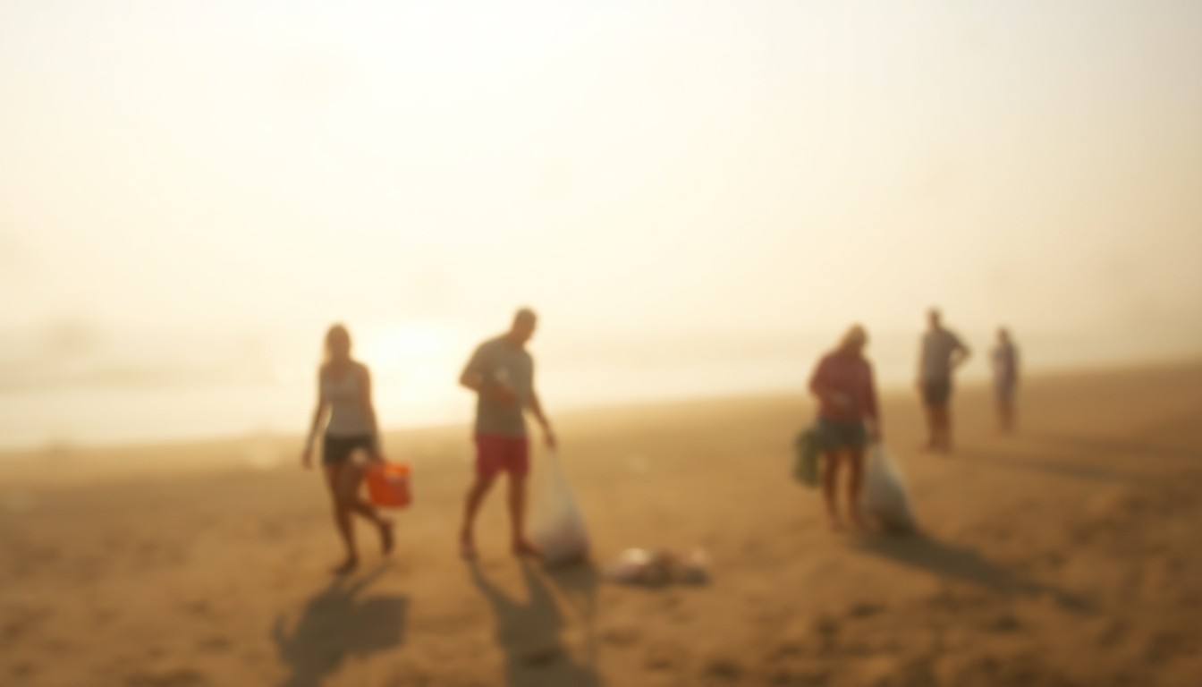 An abstract, impressionistic scene of a beach cleanup, with blurred figures in the distance and soft, warm light filtering through the hazy atmosphere, conveying the collaborative spirit and environmental focus of the event.