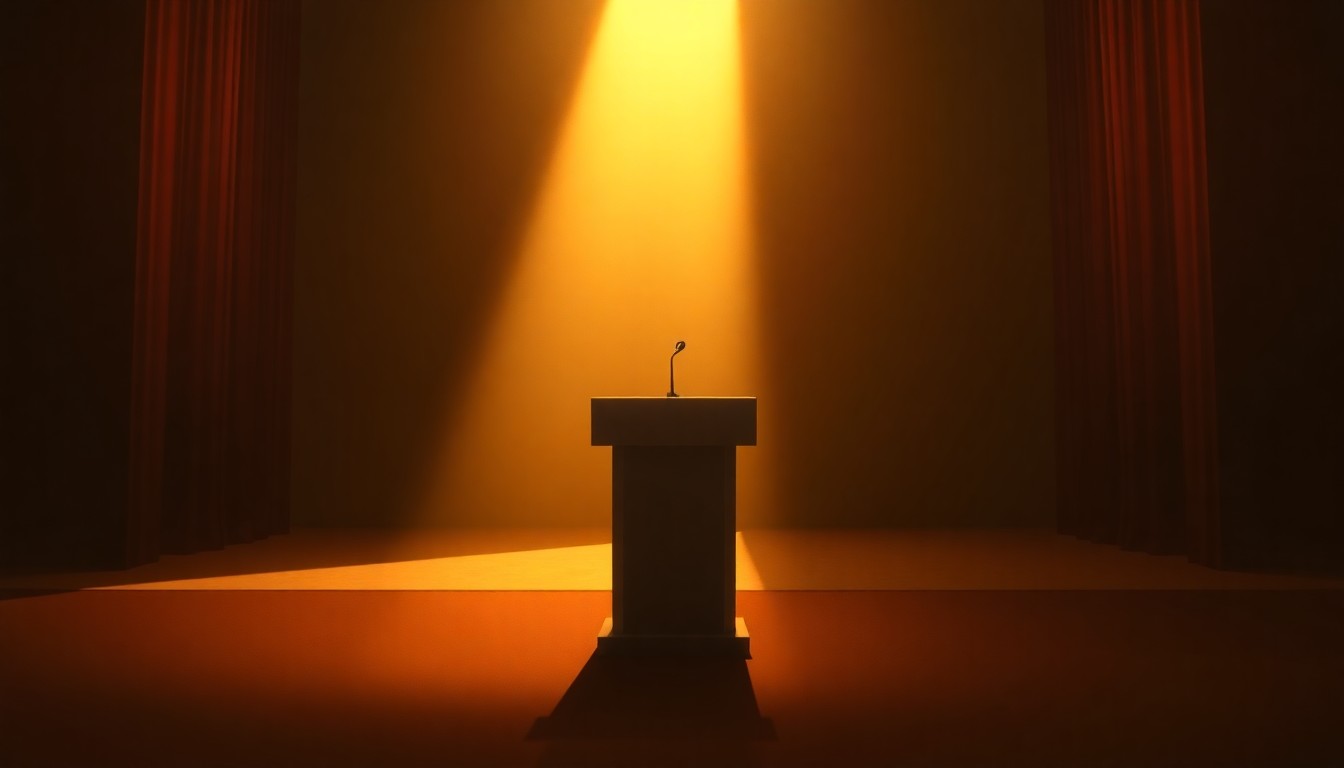 A dimly lit, cinematic painting of an empty political podium or lectern, with warm sunlight casting long shadows across the scene, conveying a sense of quiet contemplation and unease.