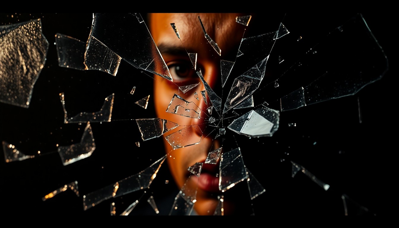 An abstract close-up image of shattered glass and plastic textures in dramatic high-contrast lighting, conveying the fractured emotional state of the story's central character.