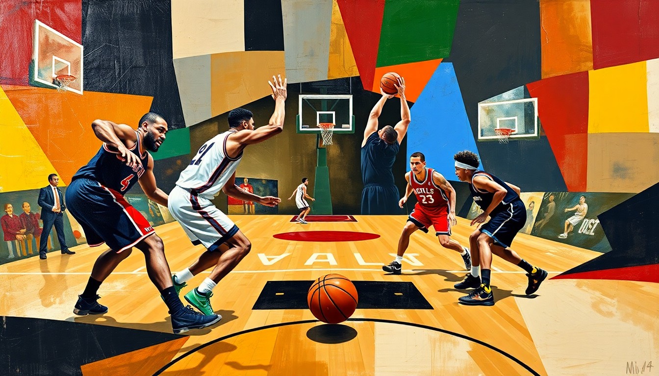 A fractured, geometric painting depicting a basketball game or match broken down into sharp, overlapping planes of color and abstract shapes, representing the different viewpoints and fragmented information surrounding a player's unexpected medical issue.