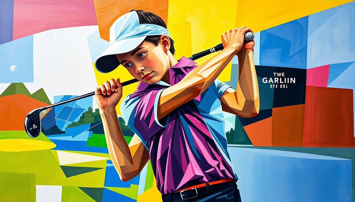 A cubist, geometric painting depicting the fractured, multi-perspective movements of a young golfer, conceptually representing the complex journey of developing elite athletic talent.