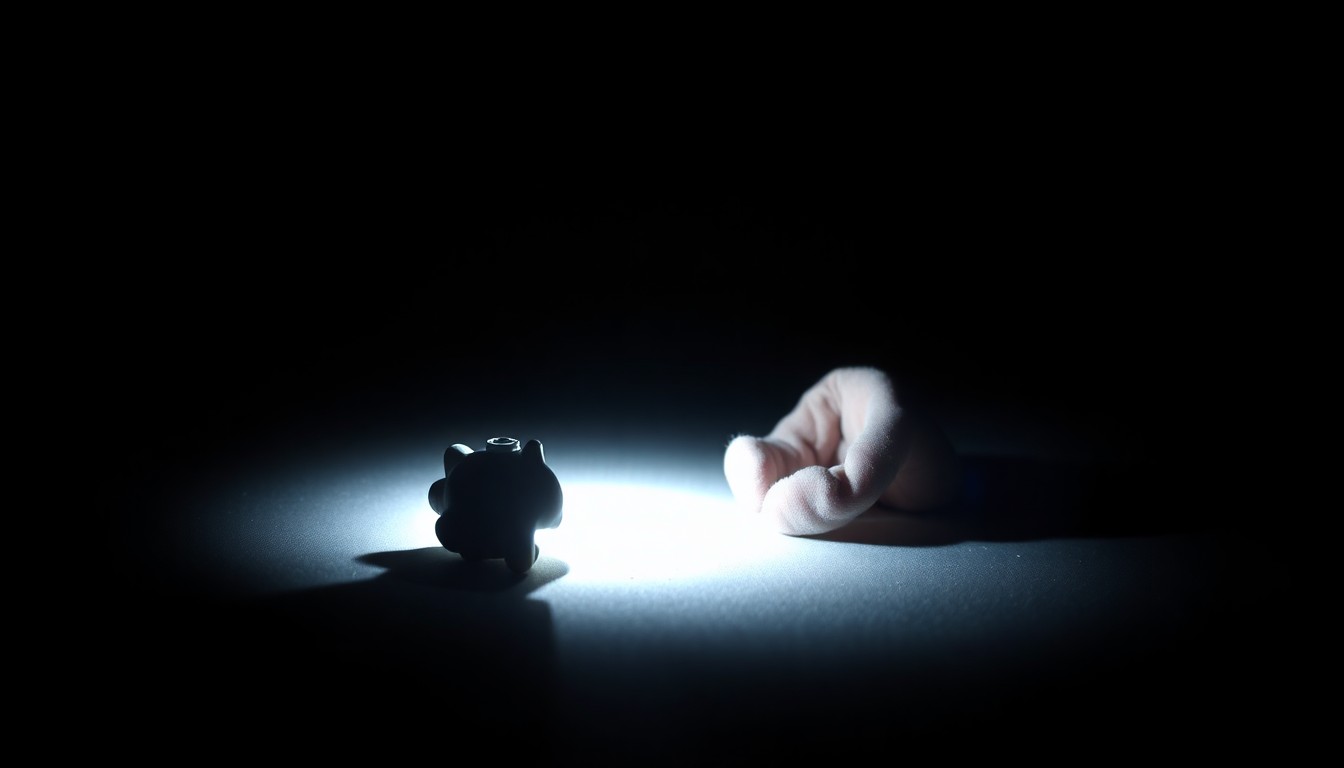 An extreme close-up photograph of a cracked and discarded child's toy, dramatically lit by a harsh camera flash against a pitch-black background, conveying the somber and unsettling nature of this tragic crime.