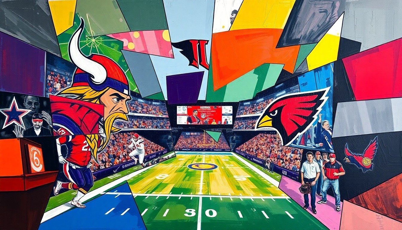 A cubist-style painting depicting a football game between the Minnesota Vikings and Arizona Cardinals, with the players and field broken down into sharp, geometric shapes and planes of color, creating a dynamic and abstract visual representation of the high-stakes acquisition.