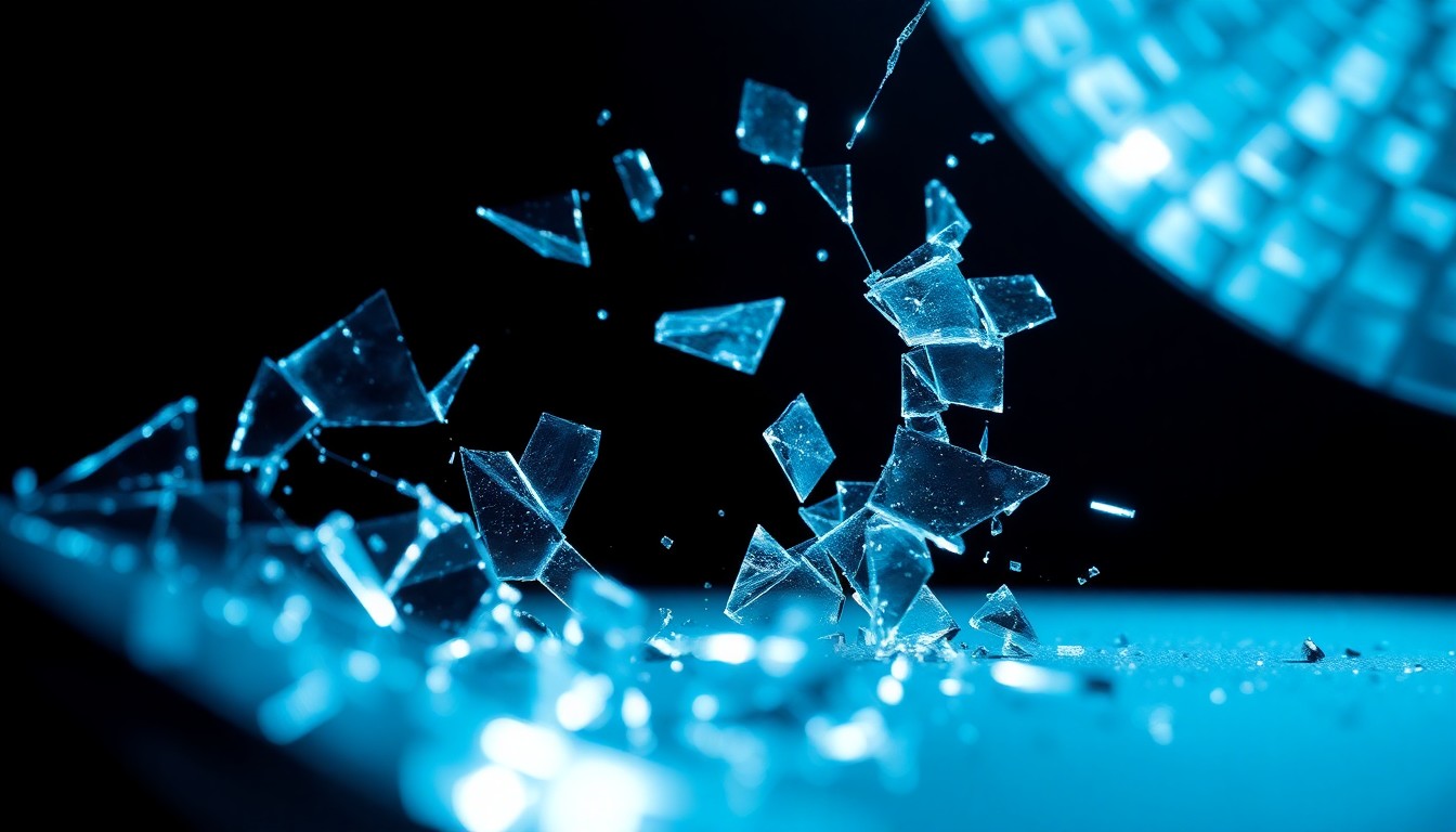 An extreme close-up photograph of shattered, glittering disco glass captured in dramatic, high-contrast studio lighting, conceptually representing the fragility and pressures of youth culture.