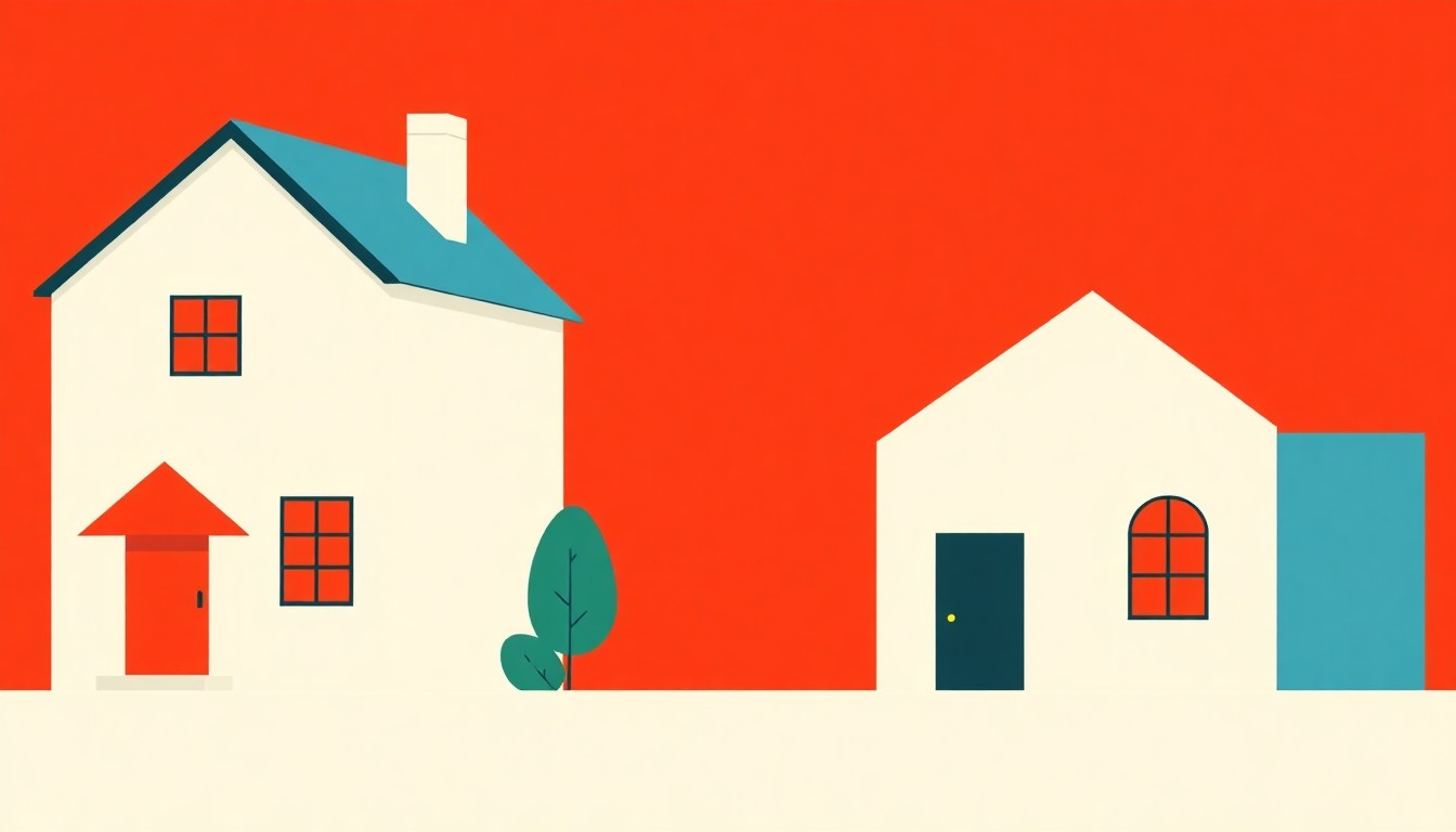 A minimalist illustration using bold geometric shapes and primary colors to conceptually represent the growing disconnect between housing costs and wages in the United States.