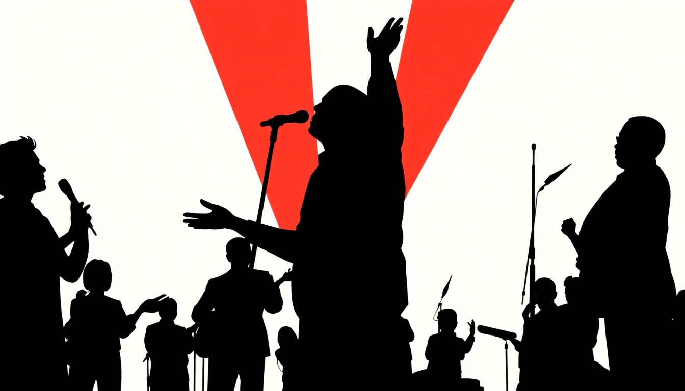 An abstract illustration featuring bold, jagged black silhouettes against a bright red background, conceptually representing the energy and impact of collective song and community activism.