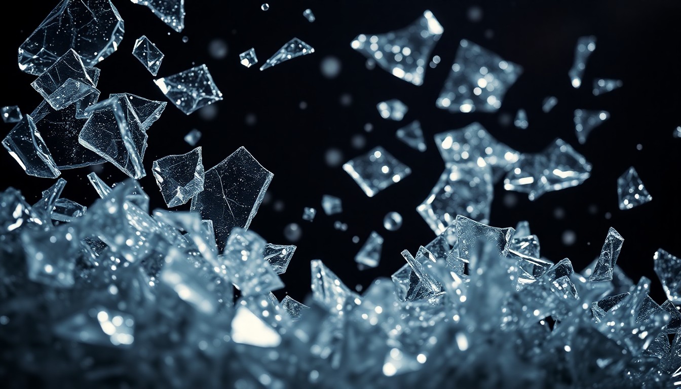An abstract close-up photograph of shattered, glittering glass shards illuminated by dramatic studio lighting, capturing the gritty, high-energy essence of rock music without depicting any specific objects or people.