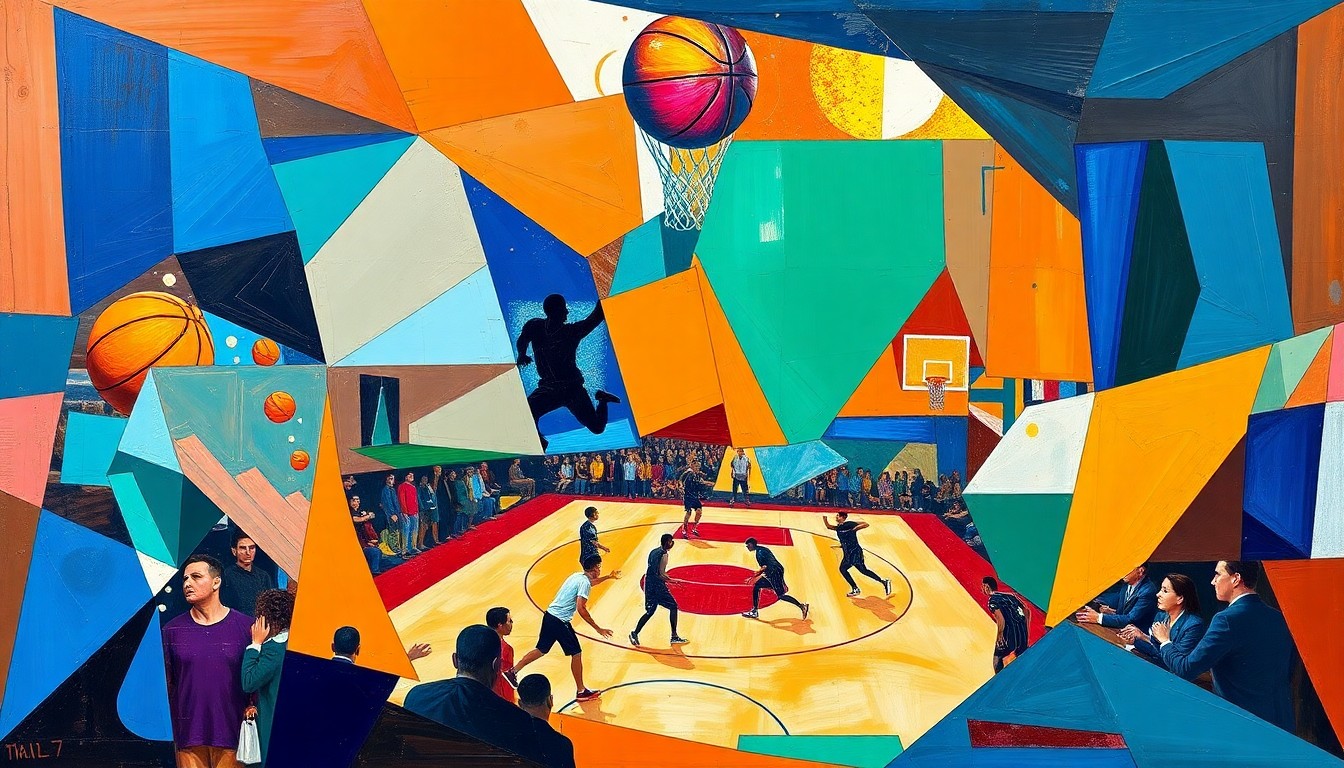 A fractured, cubist-style painting depicting the chaotic energy of a basketball game, with players and the court broken down into sharp, overlapping geometric shapes in a vibrant color palette.