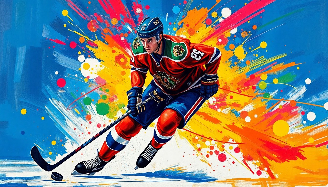 An abstract, expressionist painting in vibrant neon colors depicting the dynamic movement of a hockey player on the ice, their features obscured by the energetic brushstrokes.