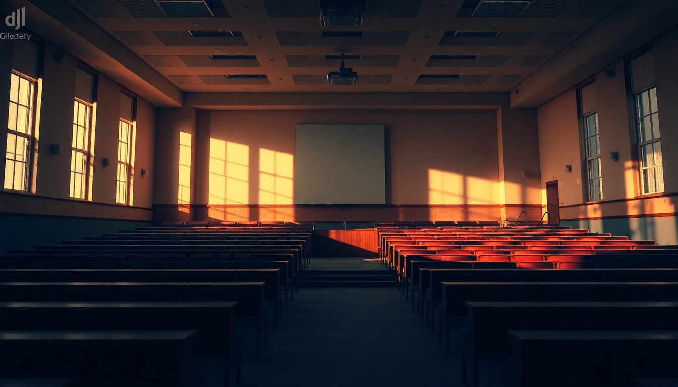 A quiet, cinematic painting of an empty university lecture hall, with warm sunlight streaming through the windows and deep shadows cast across the desks, conveying a sense of melancholy and the chilling effect of academic suppression.