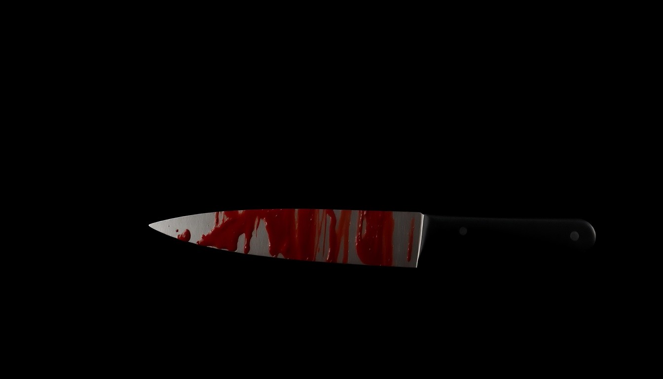 An extreme close-up of a single bloodied kitchen knife, the harsh lighting and dark background creating a stark, gritty aesthetic that conceptually represents the violent nature of the crime under investigation.