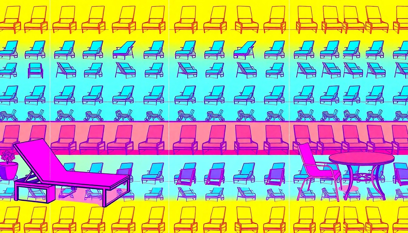 A brightly colored, high-contrast silkscreen print of a rooftop lounge chair repeated in a tight grid pattern, conceptually representing the luxury amenities of the Aria 7 Platt tower's affordable housing units.