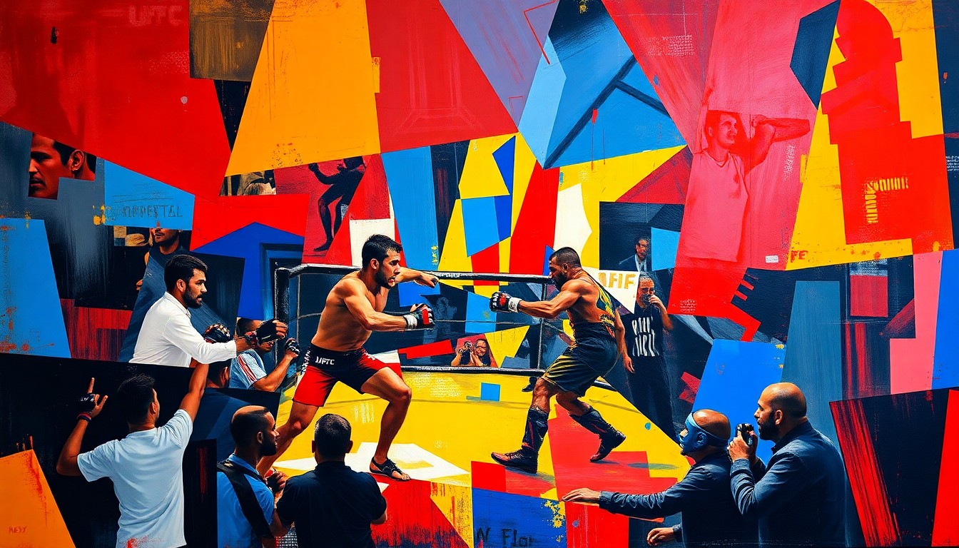 A cubist, geometric painting depicting a fragmented UFC fight scene, with sharp planes of red, blue, and yellow colors overlapping to create a dynamic, abstract composition.