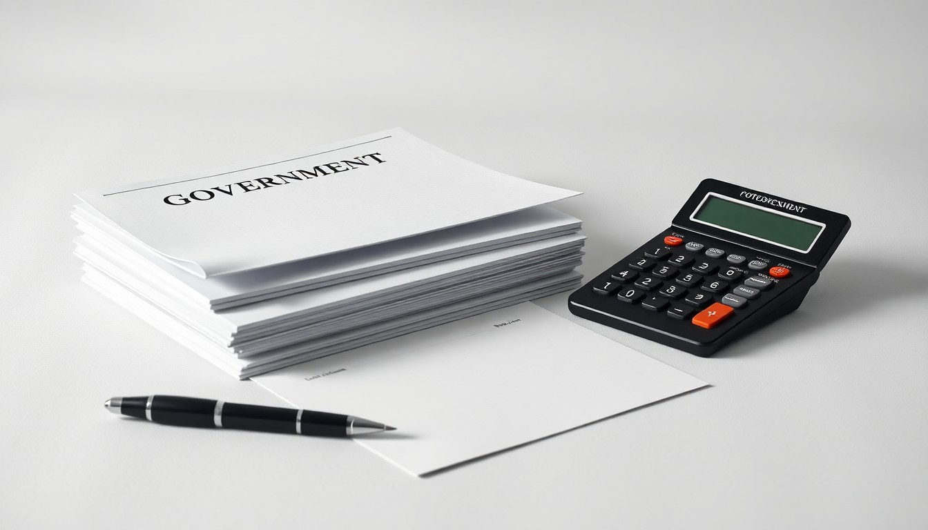 A high-end, photorealistic studio still-life photograph featuring a stack of official government documents, a pen, and a calculator on a clean, monochromatic background, conceptually representing the abstract legal and financial complexities of government contracts and fraud claims.