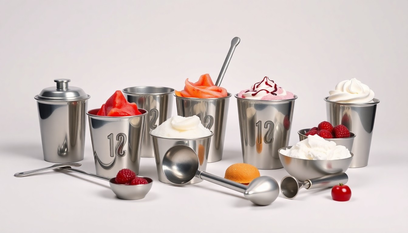 A high-end studio still life photograph featuring a collection of shiny stainless steel Italian ice cups, scoops, and toppings arranged elegantly on a clean white background, conceptually representing the quality and craftsmanship of the Italian ice business.