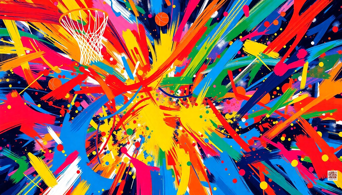 An abstract, textured painting in bright neon colors featuring dynamic, expressive brushstrokes that suggest the energy and movement of a basketball game.
