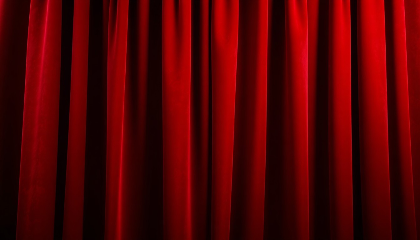 An extreme close-up photograph of a lush, deep red velvet curtain, its fibers and folds captured in dramatic, high-contrast studio lighting to create a glamorous, high-fashion aesthetic representing the elegant concert halls where Hilde Limondjian brought renowned artists to perform.
