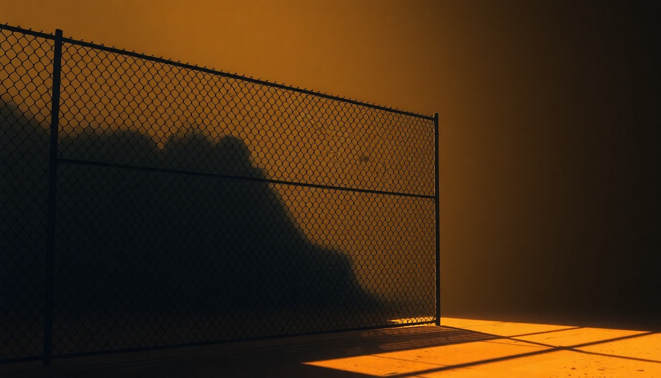 A photorealistic painting of a solitary chain-link fence cage in a dimly lit, industrial setting, with warm sunlight streaming in through a window and casting deep shadows, conveying a sense of isolation and lack of access to the outside world.