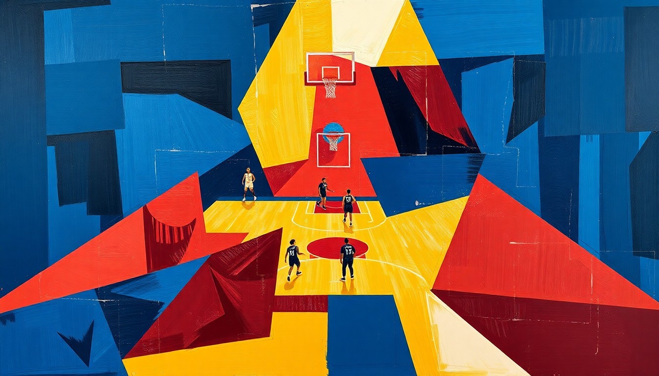 A cubist-style painting featuring overlapping geometric shapes in navy, crimson, and gold, capturing the dynamic motion and energy of a women's basketball game.