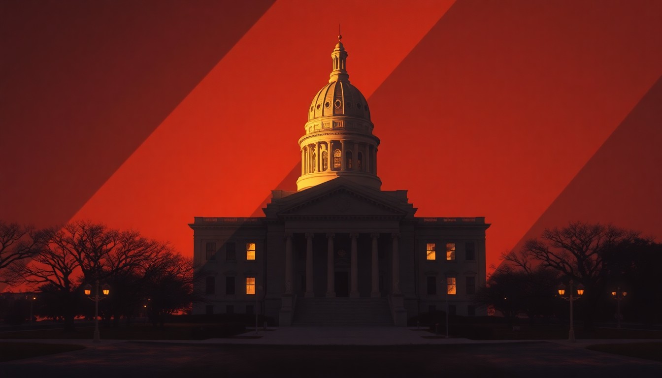 A serene, cinematic painting of the Texas state capitol building, with the structure bathed in warm, diagonal sunlight and deep shadows, conveying a sense of quiet contemplation around the state's political processes.