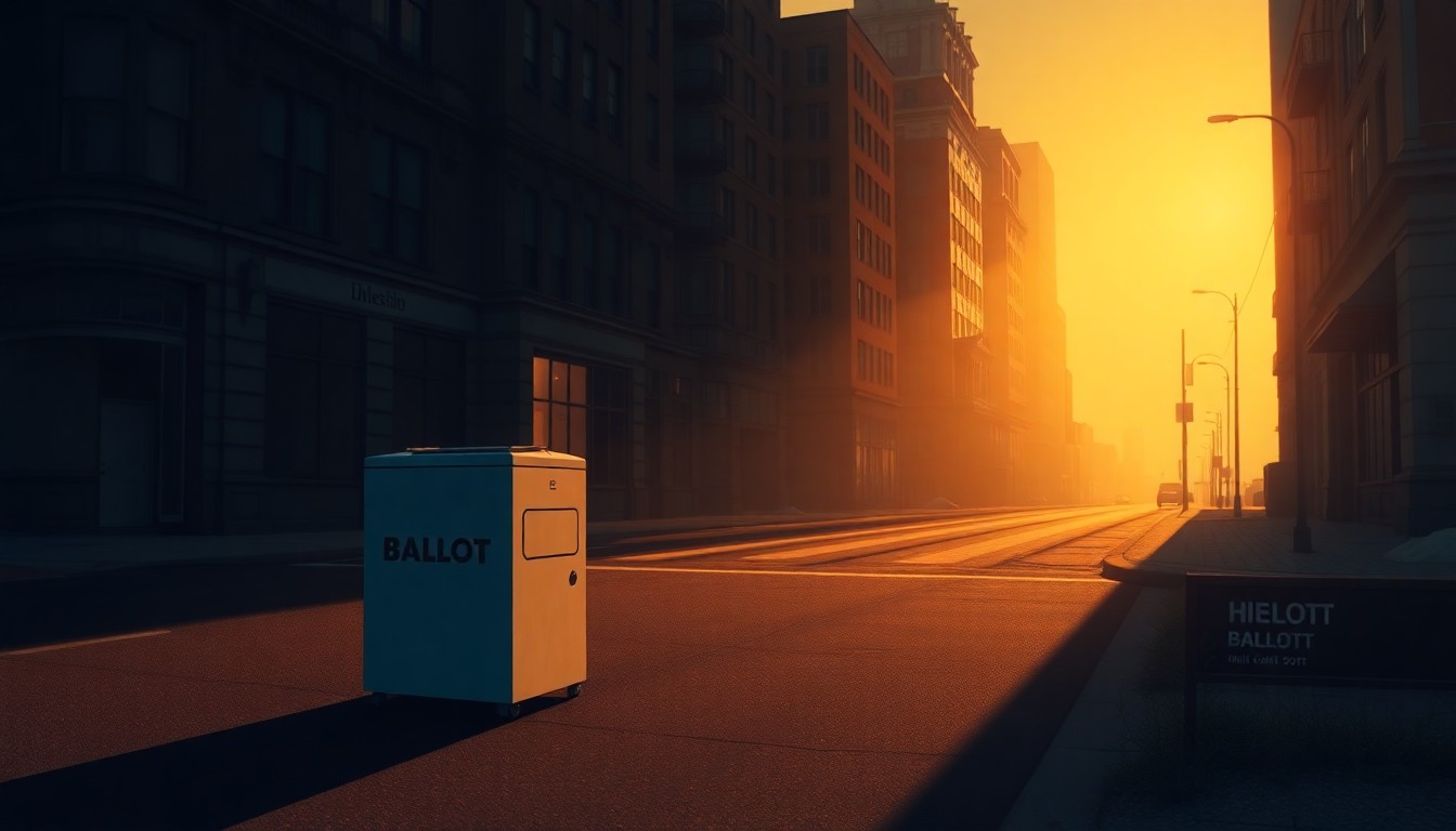 A quiet, cinematic painting of a solitary ballot box sitting on an empty city street, bathed in warm, diagonal sunlight and deep shadows, conceptually representing the legal battle over voter privacy.