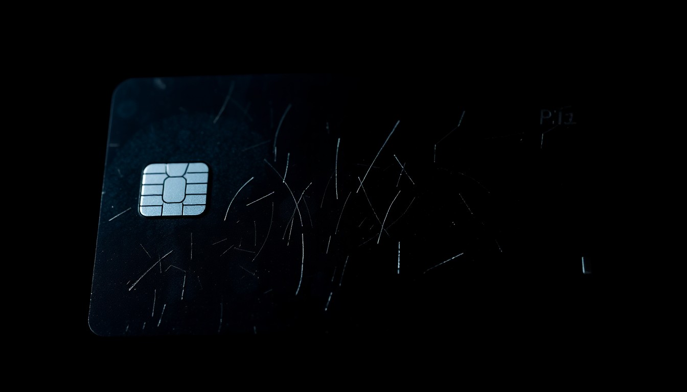 An extreme close-up of a heavily scratched and scuffed credit card, conceptually illustrating the aftermath of credit card fraud.