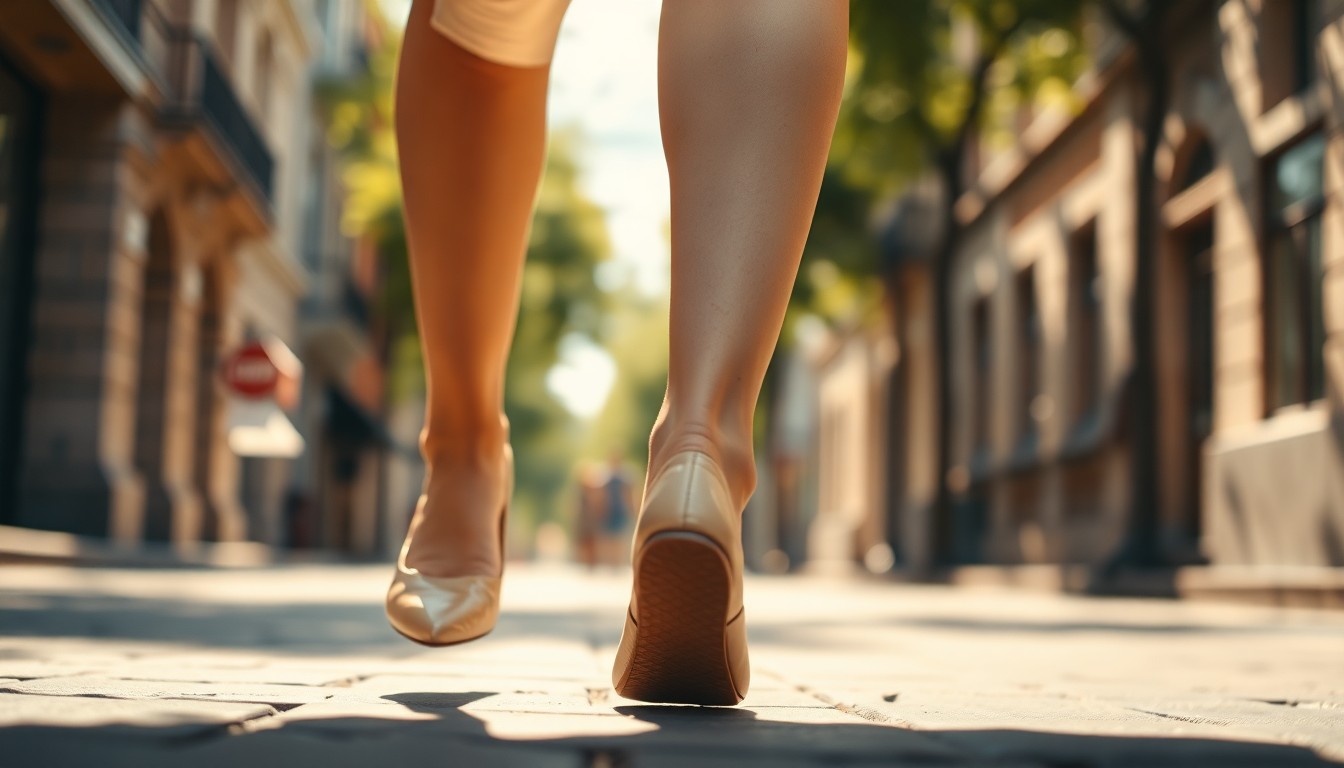 An abstract, out-of-focus photograph in soft, warm tones depicting a woman's feet in ballet flats walking on a city street, conveying the comfort and style of wearing flats with summer dresses.