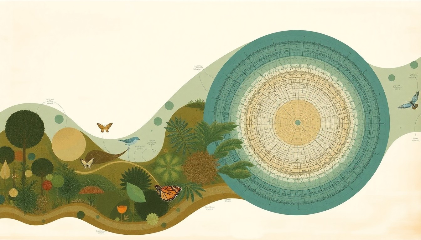 A highly textured, abstract painting in earthy tones of green, brown, and blue, featuring sweeping geometric arcs, concentric circular patterns, and precise botanical spirals, conceptually representing the complex interconnected ecosystem of a coastal Florida habitat.