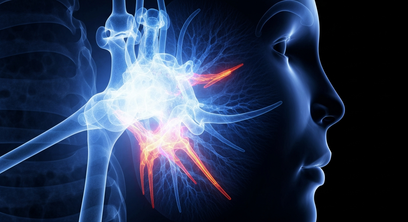 A highly detailed, translucent X-ray photograph revealing the intricate internal structure of a human airway, with glowing lines and shapes that convey the advanced medical technology behind the AIO Breathe platform.