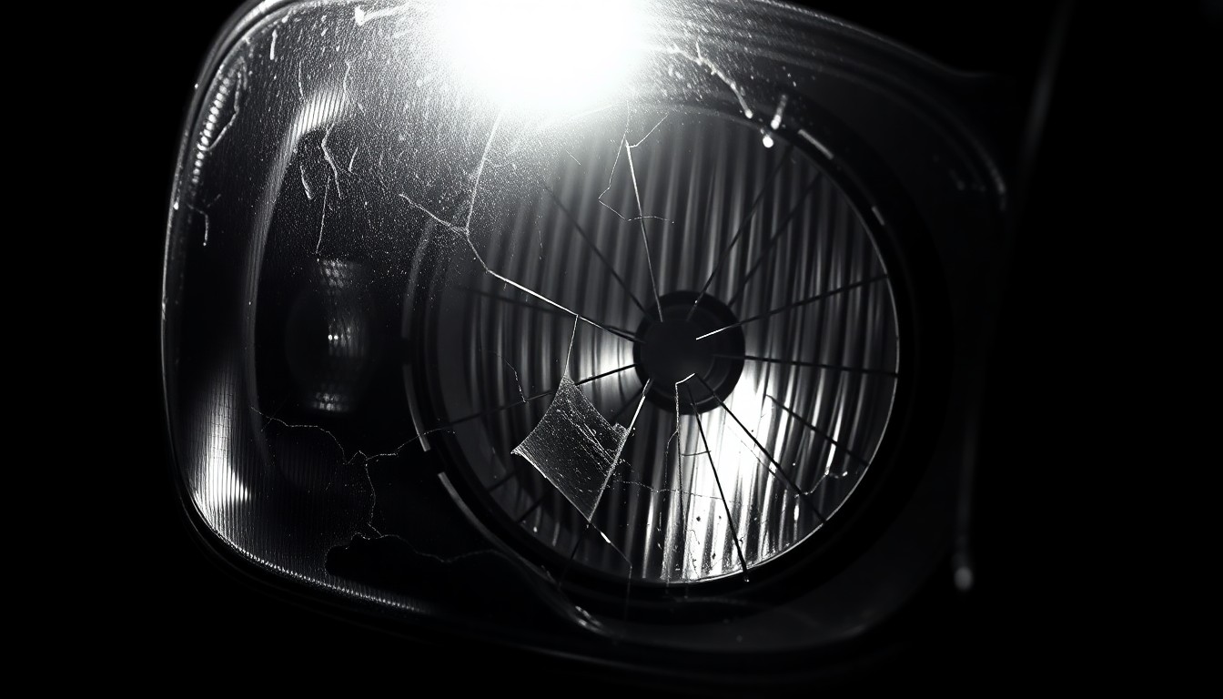 An extreme close-up photograph of a cracked car headlight lens, lit by a harsh flash against a dark background, conceptually illustrating the aftermath of a police pursuit.