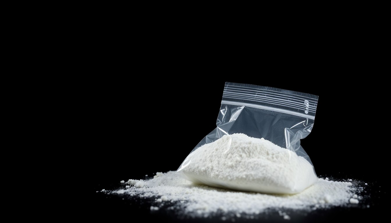 An extreme close-up of a small plastic bag containing a white powdery substance, dramatically lit by a harsh flash against a dark background, conceptually representing the drug possession charges in this crime story.