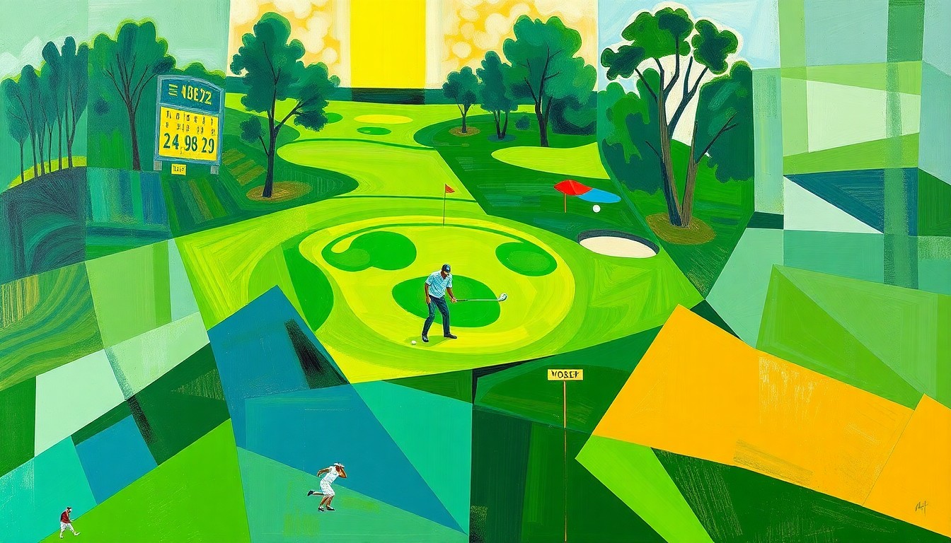 A fragmented, cubist-style painting depicting a golf tournament or match, with overlapping geometric shapes and planes in shades of green, blue, and gold, conveying the dynamic energy and multi-faceted nature of the Kitayama family's involvement in Kurt's golfing success.