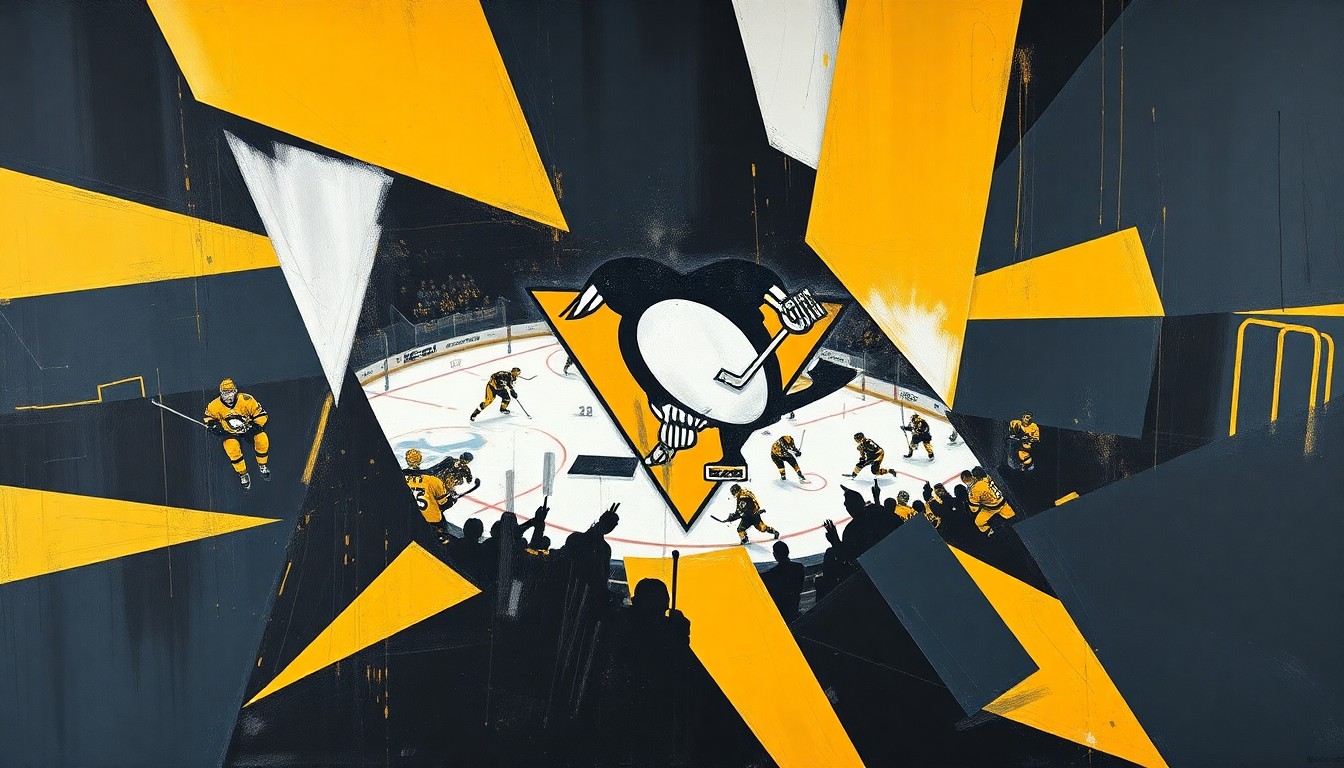 A cubist, geometric painting depicting a Penguins hockey game, with the players and ice rink broken down into sharp, overlapping planes of black, gold, and navy blue, capturing the dynamic energy and multiple perspectives of the sport.