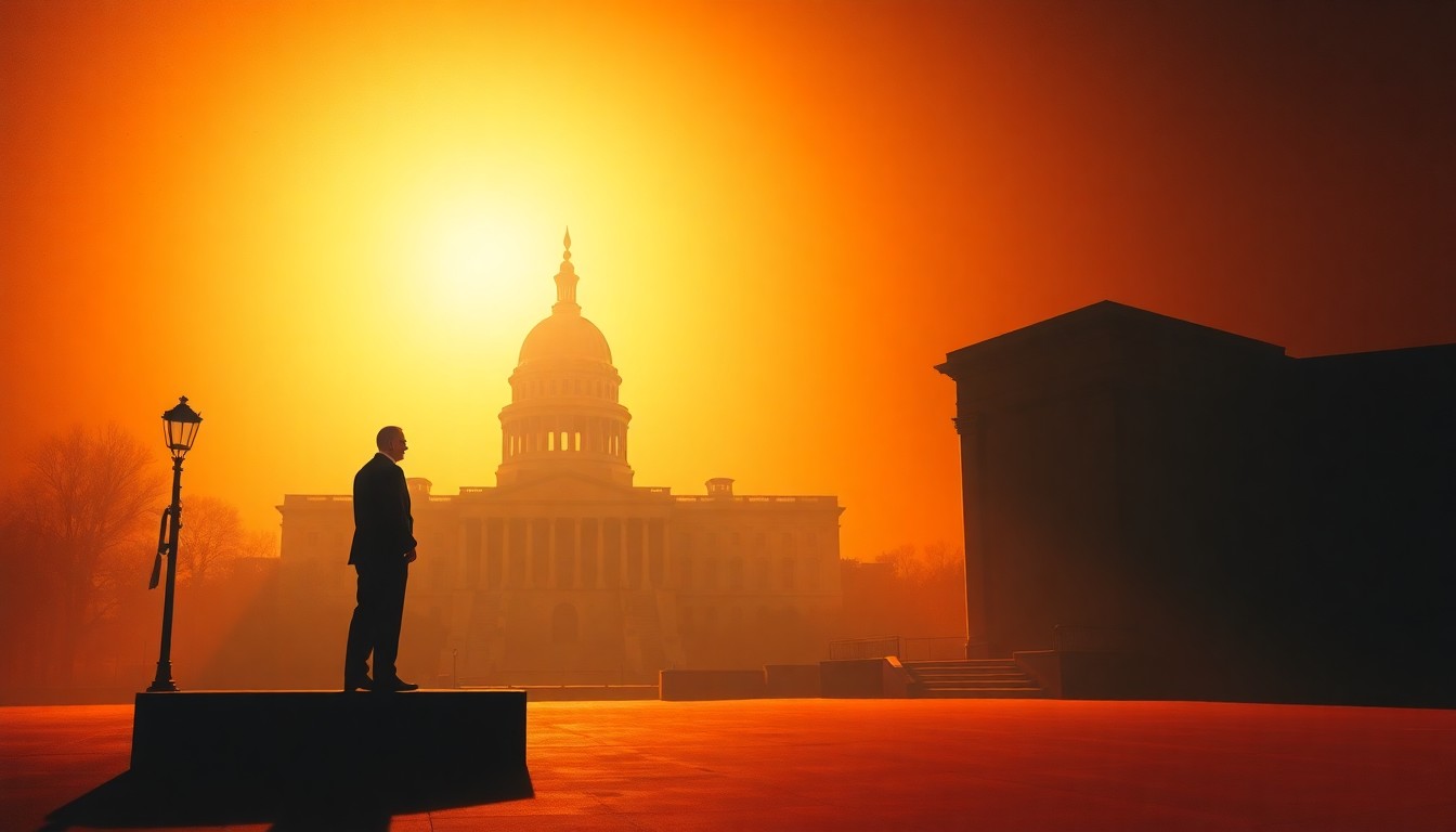 A dimly lit, cinematic painting of a lone government building or political figure, with warm light casting dramatic shadows across the scene, conveying a sense of tension and unease in the political climate.