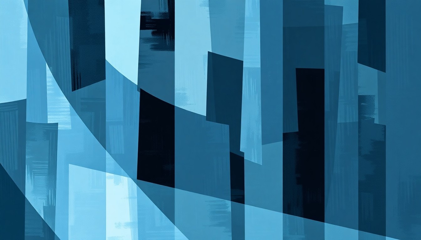 A dynamic, fragmented painting of overlapping financial charts and data visualizations in shades of blue, grey, and black, conceptually representing concerns over potential insider trading and market manipulation.