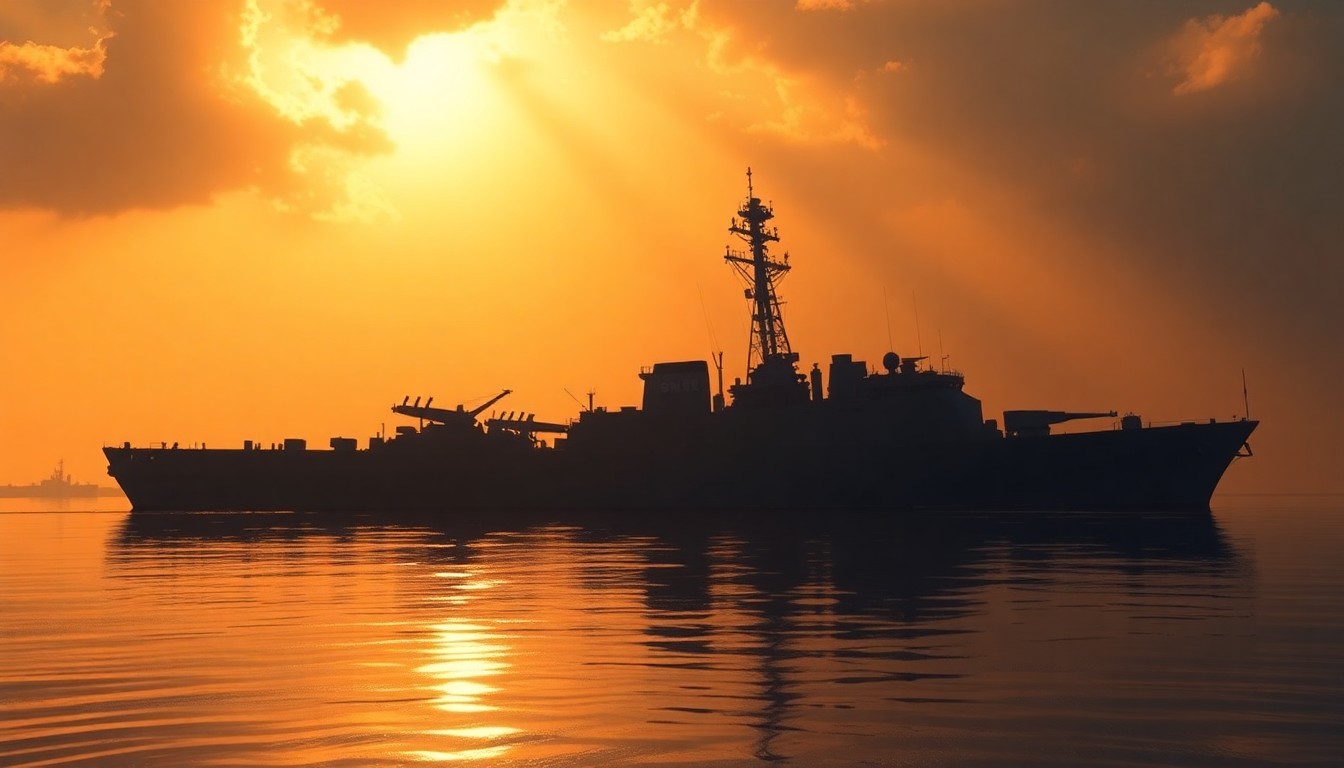 A cinematic painting of the USS Harvey C. Barnum Jr. guided-missile destroyer reflected in the calm waters of a harbor, bathed in warm, diagonal sunlight and deep shadows, conceptually representing the intersection of military tradition, service history, and present-day readiness.