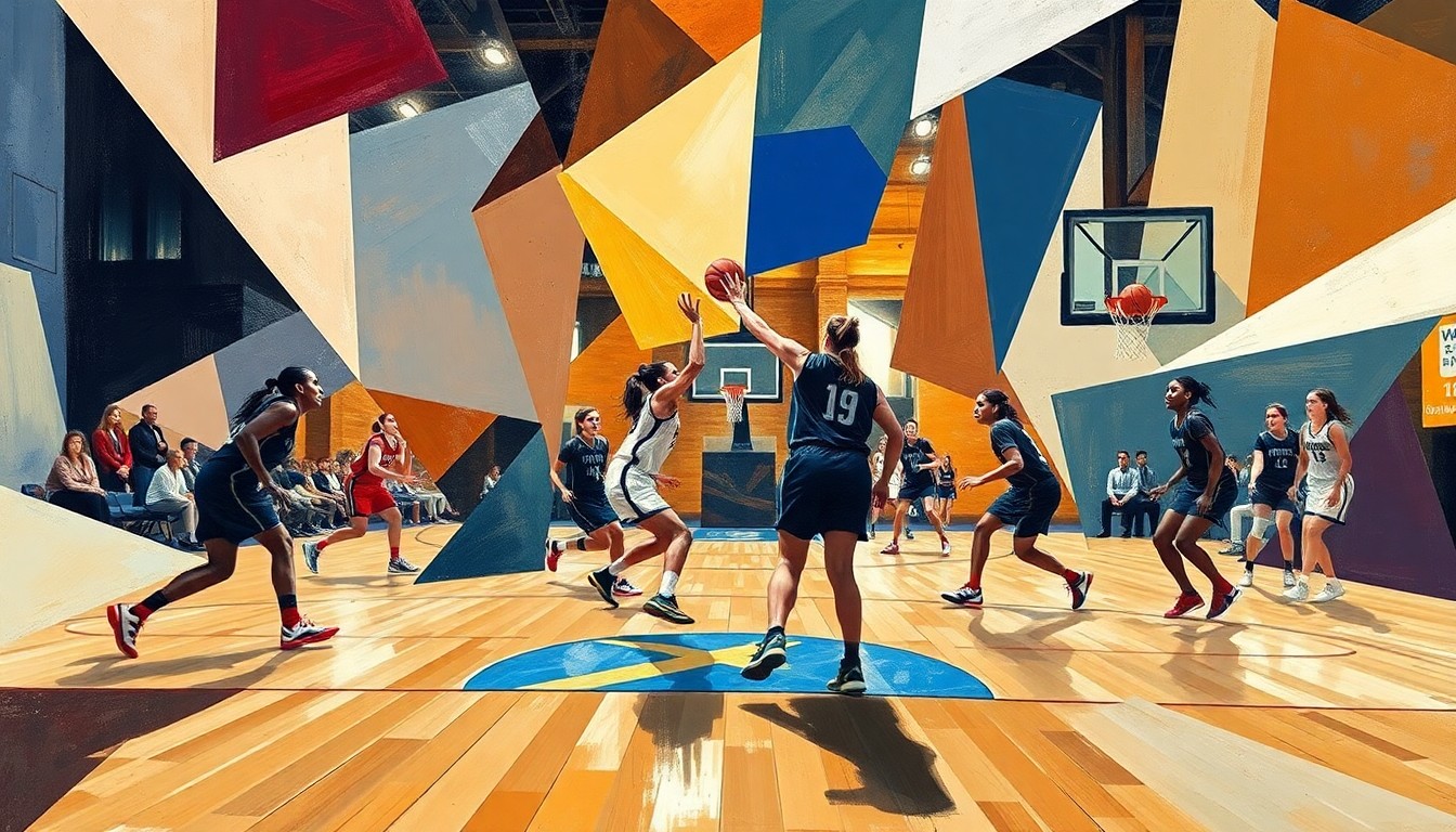 A cubist-style painting depicting the dynamic movements and energy of a women's basketball game, with the players and court deconstructed into sharp, overlapping geometric shapes and planes.