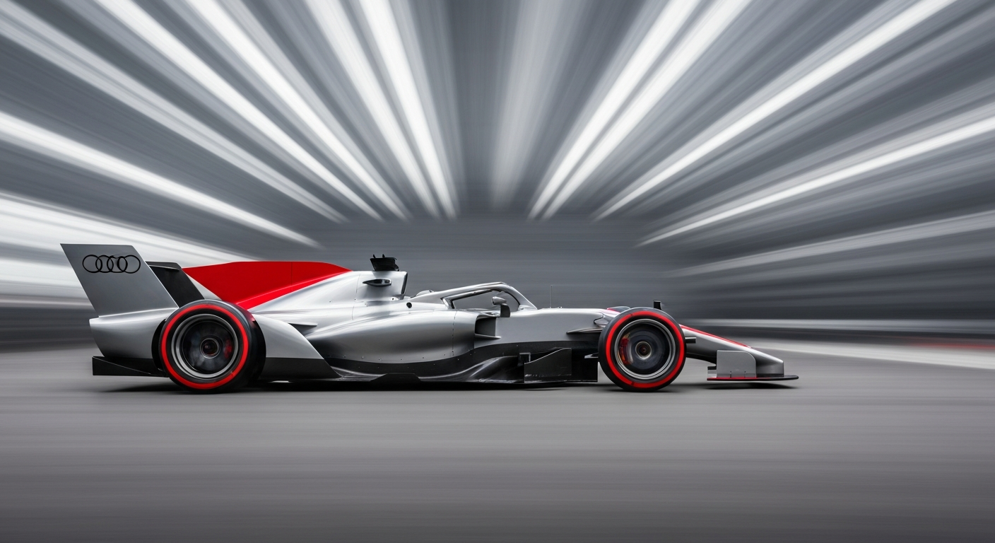 An abstract, motion-blurred image of an Audi Revolut F1 car in shades of grey, red, and titanium, conveying the speed and technical prowess of the new teamwear collaboration.