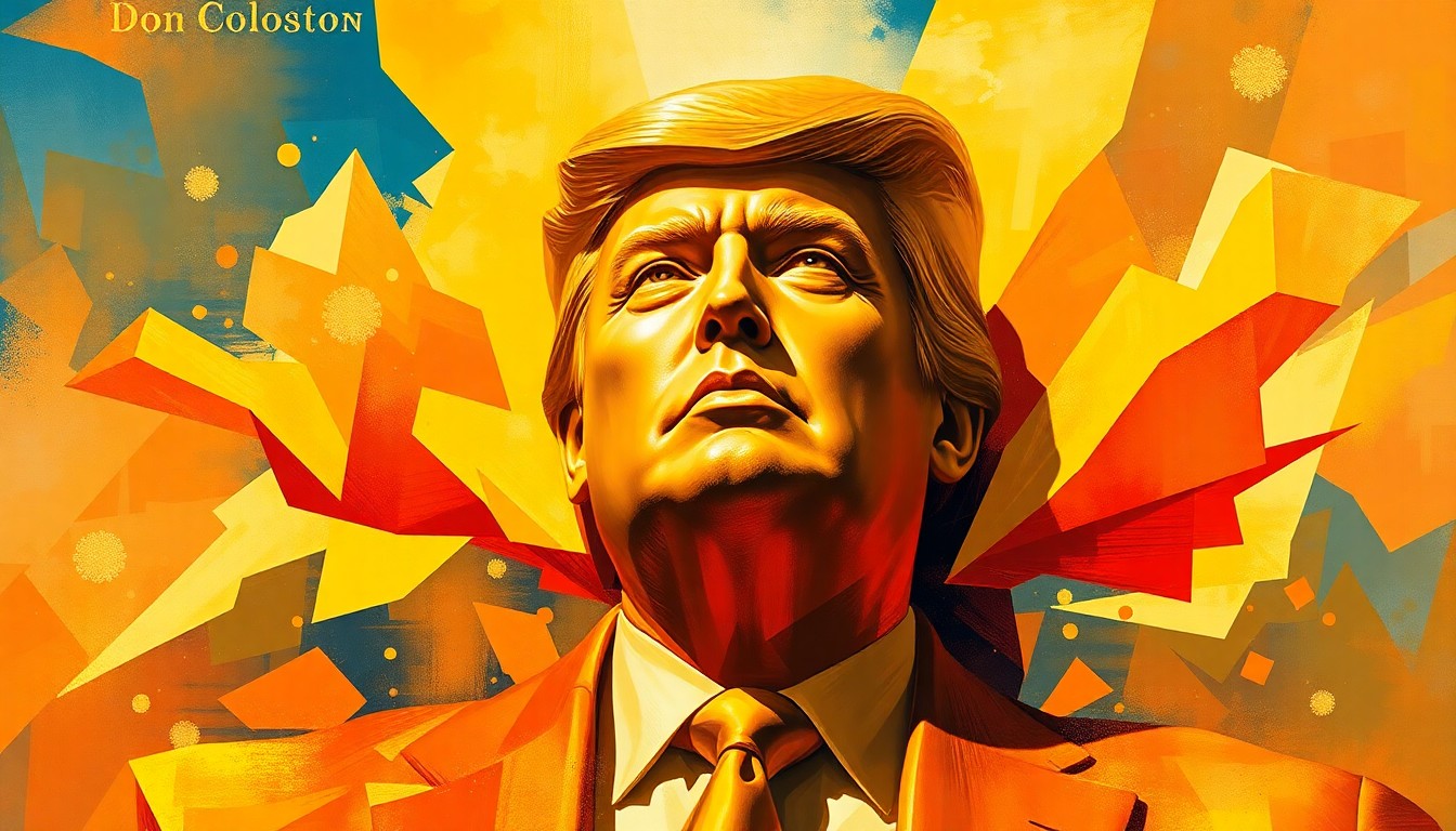 A dynamic, abstract painting featuring overlapping, fractured geometric shapes in shades of gold, orange, and red, conceptually representing the controversial 'Don Colossus' statue of Donald Trump.