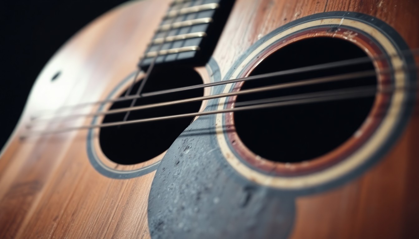 An extreme close-up photograph of the worn, textured surface of an acoustic guitar, captured in dramatic, high-contrast studio lighting to create a glitzy, high-fashion aesthetic.