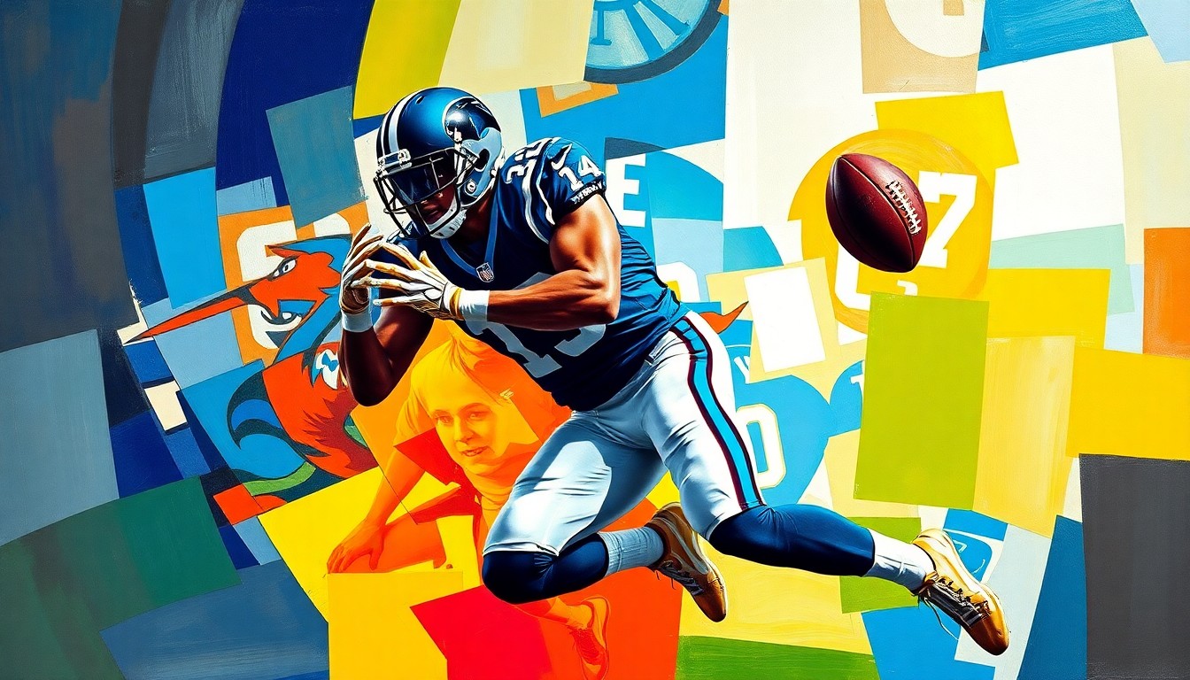 A fractured, geometric painting depicting a wide receiver making a catch, with sharp, overlapping planes of color representing the explosive athleticism and versatility of the top prospects in this year's draft.