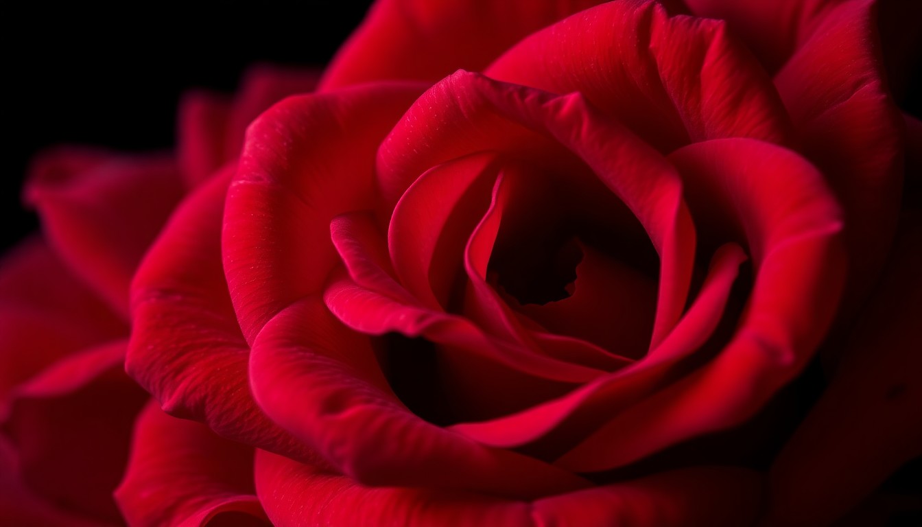 An extreme close-up photograph of deep red and pink rose petals, with dramatic high-contrast lighting creating a glamorous, high-fashion aesthetic.