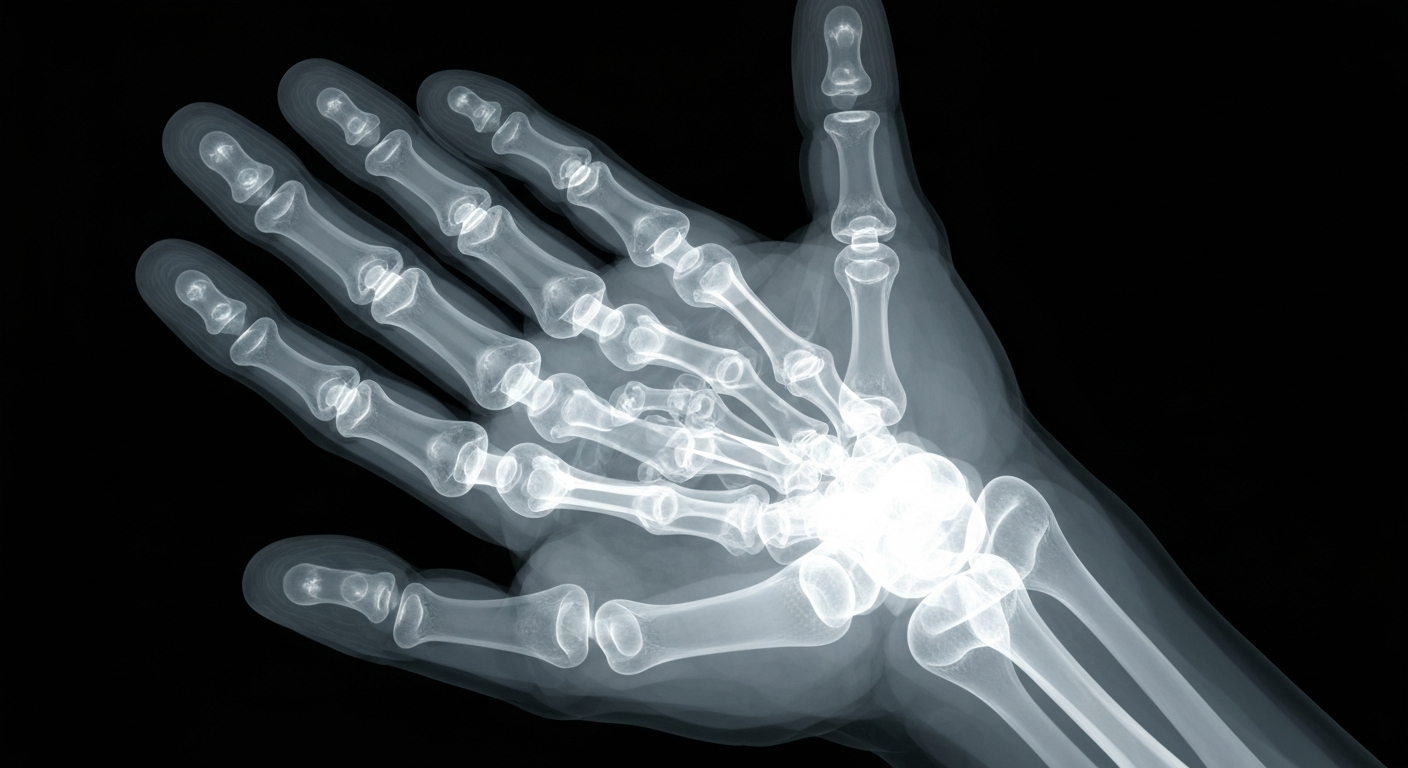 An extreme close-up X-ray photograph revealing the intricate internal structures of a human hand, with the ghostly bones and tissues glowing against a dark background, conceptually representing the biological aging process and how it can be impacted by one's local environment.